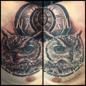 Fresh/healed owl & clock! #owl #owltattoo #freshink #freshtattoo #healedtattoo #tattoohealed #animaltattoo #birdofprey #birdifpreytattoo #uktattoo #uktattooist #uktattooartist #tattoo #blackandgrey #blackandgreytattoo