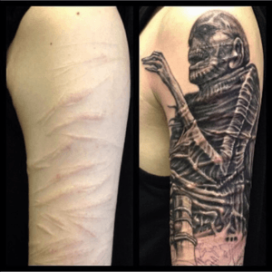 A scar coverup I did some while back. This was first session, it ended as a sleeve. The gentleman is from a Beksinski painting