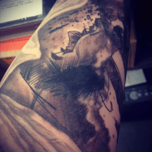 Sketch portrait of Robert Downey Jr. ad Sherlock Holmes. On going left arm Sherlock Holmes sleeve. Done at Off The Map Tattoo by Max Rothert. 