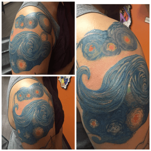 Progress on the Starry Night half sleeve. #tattoo #tattoos #tattooartist #tattooist #ink #inked #original #custom #artwork #art #starrynight #VanGogh #painting #eternalink #sabretattoosupplies #noflashink 