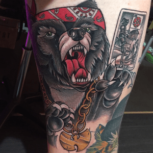 Funnest tattoo yet this year one the homie cruz did it all in one session on the inner thigh' #trad #tradbear #tradtattoo #neotrad #neotraditional #bearhead #bright_and_bold #animalcollective #animaltattoos #tattoo #tattoooftheday #tattoodo #inked #ink #jktatta #tatts #wutang #gangsta #bear #beartattoo 