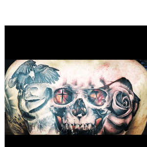 Finished march 2017 left shoulder left to do #chest #skull #roses #tattoos