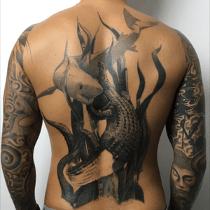 Almost done, black and grey shark and alligator backpiece