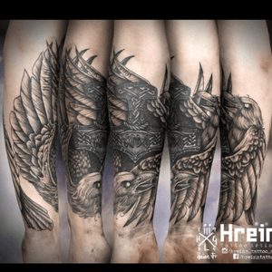 Tattoo by Hreinn at Emement tattoo Oslo #blackwork #blackandgrey  #norsemythology #norse #hugin #munin #mjolnir 