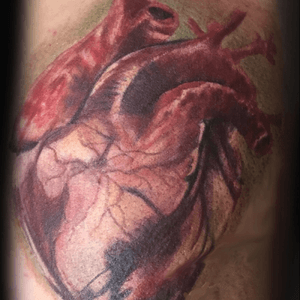 Realistic coloured heart on womans shoulder.