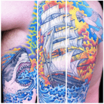 Tattoo by Lark Tattoo artist/owner Bruce Kaplan. #color #colorful #colorbomb #ocean #water #waves #clouds #sky #sunset #bird #shark #greatwhiteshark #animal #sea #boat #ship #nautical #sailor #seagull #sailingship #side #back #ribs #brucekaplan #owner #artist #ownerartist #artistowner #LarkTattoo #LarkTattooWestbury #NY #BestOfLongIsland #VotedBestOfLongIsland #BestOfNYC #VotedBestOfNYC #VotedNumber1 #LongIsland #LongIslandNY #NewYork #NYC #TattoosEvenMomWouldLove #NassauCounty #tattoo #tattoos #tat #tats #tatts #tatted #tattedup #tattoist #tattooed #tattoooftheday #inked #inkedup #ink #tattoooftheday #amazingink #bodyart