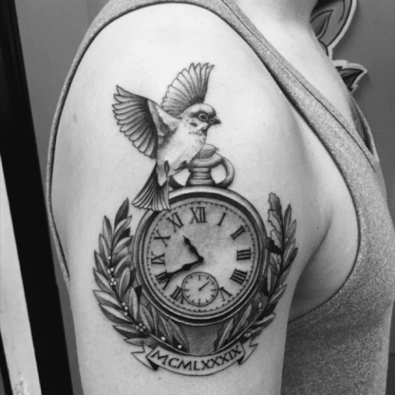 Tattoo uploaded by Marco • Made by Massimo Luciani @ Schiffmacher & Veldhoen Amsterdam #bird #clock #wreath #clocktattoo • Tattoodo
