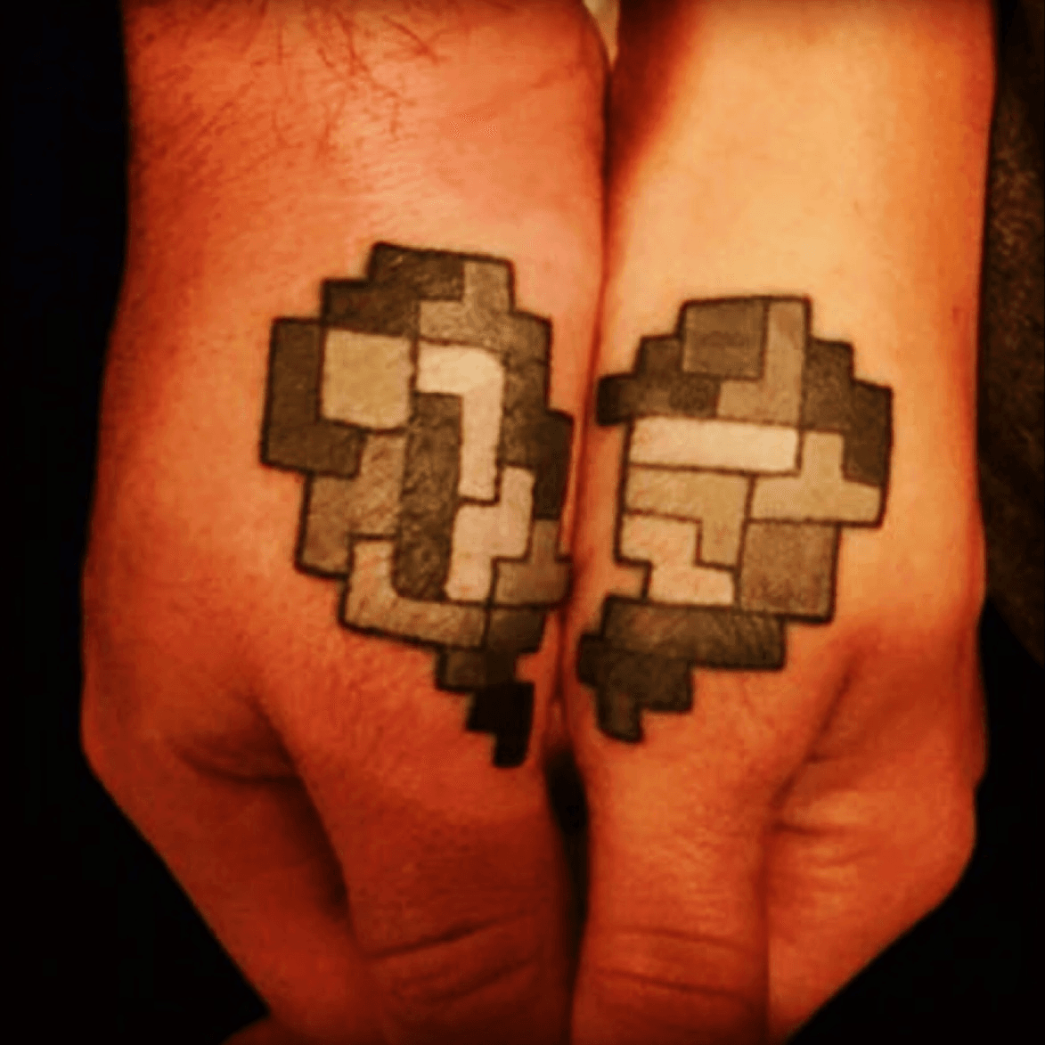 Tattoo uploaded by David Valencia • Tetris half heart on my hand and the  other half on my girls. When we hold hands it completes the whole heart.  The different tetris colors