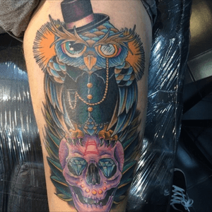 Gentleman Owl on a Sugar Skull on the thigh done by Justin Hodson At Fat Ink Tattoo in Newcastle, Australia. 