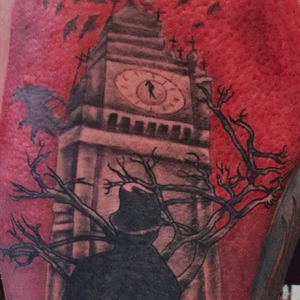 Jack the Ripper thigh piece with #bigben and #crows in the background. #jacktherippertattoo #twominutestomidnight #thightattoo #murderofcrows 