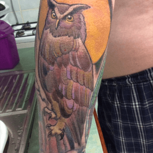 My hubby Terrys new owl tattoo done by Adam at Darklite Tattoo Studio,Albany Western Australia 😎👍 Love it its Awesome 💋#
