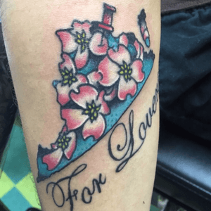 A fun VA tattoo I got to always remind me of home and where i come from #colors #virginia #home #dogwoodflowers #forlovers