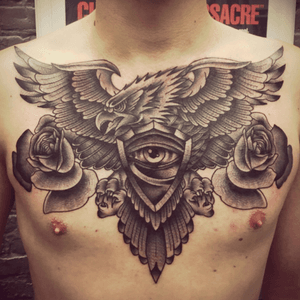 8 hour chest peice done by James Deakin at Illuminati tattoo parlour Oldbury Birmingham UK #blackandgrey #chest #chesttattoo #eagle #roses #illuminati #eye #black #grey #wings 