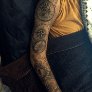 My first sleeve #blackandgrey #sleeve #roses #pocketwatch #compass 