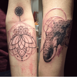 #geometric #sacredgeometry #lotusflower #elephant #butterfly #spiritual #freshink picture taken a few hours after the session, so my skin was red and irritated. Both done one day. Artist: Mowgli. This guy is a genius, his art blows my mind. It was a pleasure to meet him in person. 
