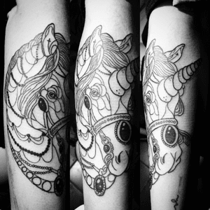 Neotraditional linework unicorn by @m0nk  #linework #blackwork #unicorn #neotraditional #uruguay 