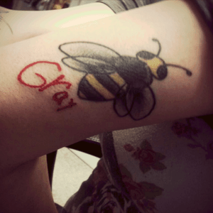 #bee and my sister's name. Bee by Wes at Time Honored Tattoo in stafford, VA, "gray" by Bo at Deep N Ink