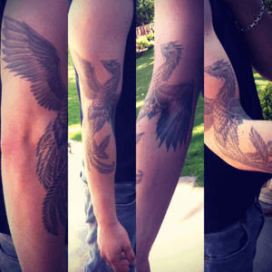My Phoenix #phoenix #arm #wraparound #blackandgrey #wings #bird #blackandwhiteink #whiteink 
