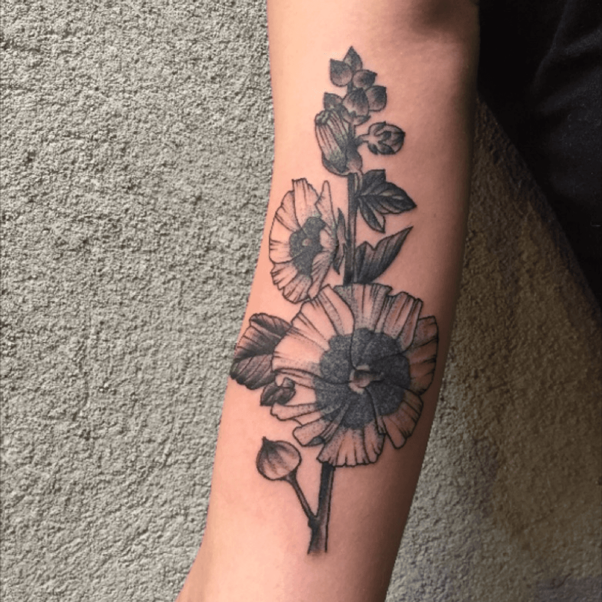 Tattoo uploaded by Daphne • Hollyhocks to remeber my New Mexican home ...