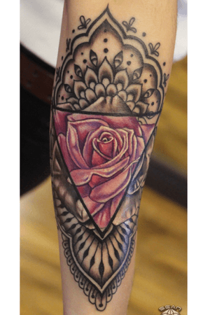Custom #rose #pink #pinkrode #mandala #blackandgray #blackandgrey #bng #triangle #color #colorful tattoo by Sean Ambrose at Arrows and Embers Custom Tattoo. Thanks for looking! #tattoooftheday