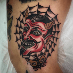 Done by Sterling Barck @ Downtown tattoo in Las Vegas, Nevada. @Downtown_Tattoo_Las_Vegas #traditional #devil #traditionaldevil #sterlingbarck #spidernet #butterfly