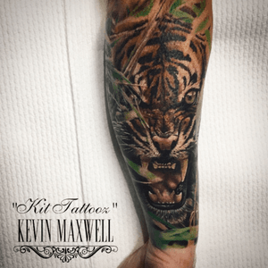 As far as we got on this for one session. Still needs a few hours mostly on the outside leaves #kevinmaxwell #kittattooz #forearmtattoo #tigertattoo #tiger #colourrealism #colorrealism #amazingtattoos #fusion_tattoo_ink #intenzecolors #hustlebutter 