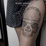 Blackwork tattoo by Evgeny Kopanov #blackwork #dotwork #geometry #skulltattoo #legtattoo 