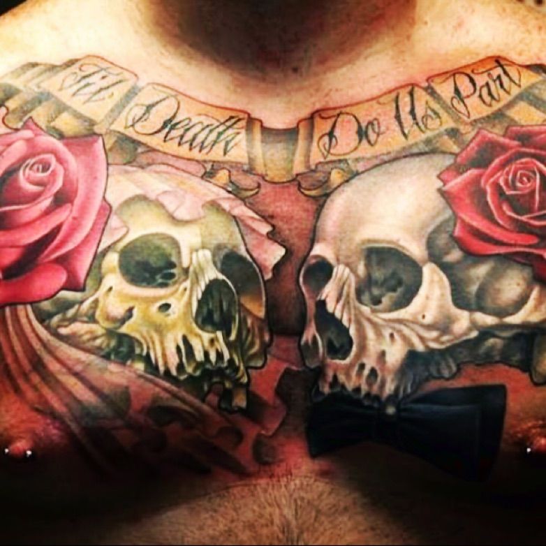 Skulls And Roses Chest Tattoos