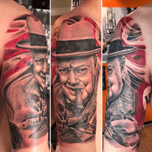 Winston Churchill portrait with spitfire and uk flag