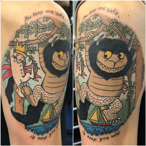 Where the wold things are tattoo by Alex Heart #wherethewoldthingsare #wherethewoldthingsaretattoo #storybook #storybooktattoo #childhoodmemories #childhood #storytelling #Cartooncharacters #bookcharacters #illustration