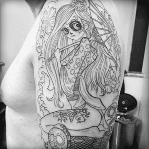 www.ettore-bechis.com #wip #tattoo #outline needles and tube by @kingpintattoosupply #tattoomachine by @hatchback_irons #geishatattoo #geisha #mangatattoo #japanese #mexicanskull #cherryblossom #wavetattoo #miamibeach #miami #inked #ink #tattooshop