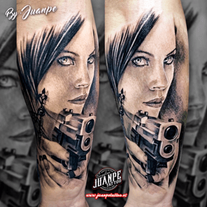Realism tattoo #girl #gun #movie by @juanpetattoomadrid
