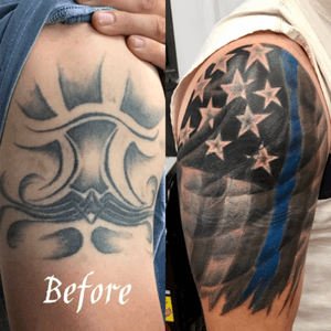 Custom #ThinBlueLine #CoverUp #blackandgrey piece I made for a Virginia #StateTrooper. #blackandgray #realism #flag #police #lawenforcement 