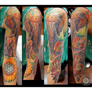 Custom #colorful #elephant #rainbow #hippie #sacredgeometry #geometric #sunflower #life #crystals tattoo by Sean Ambrose at Arrows and Embers Tattoo in Concord, NH. Thanks for looking! #tattoooftheday