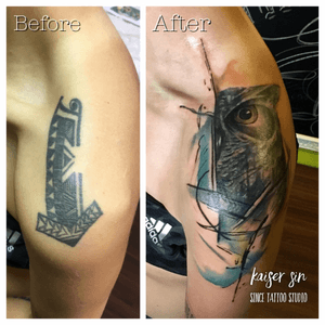Cover up work.From tribal arrow to Owl,in ink splash style.Original design and tattoo by Kaiser Sin,at Since Tattoo Studio Hong Kong.More art work on instagram @sinkaiser_ink . #coverup#coveruptattoo #owl #owltattoo #inksplatter 