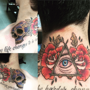My neck and shoulder tattoo #mybody #illuminati #skulls #red #purple #sidneygulka #roses #allseeingeye #allseeingeyetattoo #eyeallsee #skript #pointillism 