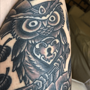 #owl#steampunk#steampunkowl#Streampunkowltattoo#blackandgrey# artist Kevin Borowski from IronHand Tattoo