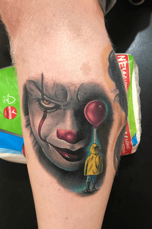 Pennywise ‘IT’ tattoo, done by ‘Temple Max’ of ‘Garths Tattoos’ in Deal, Kent, England. #it #Pennywise #Georgie #balloon #yellowmac #realism #realistic #color #colortattoo #clown #clown #horror #horrortattoo #tattoooftheday 
