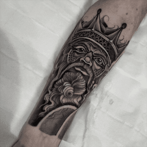 Poseidon tattoo on my lower forearm done by Micky at Cloak and Dagger tattoo London #blackandgrey #mythology 