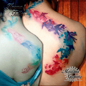 Before and after swallows tattoo #tattoo #marianagroning #karmatattoo #cdmx #MexicoCity #watercolor #watercolortattoo #watercolortattooartist #swallow 