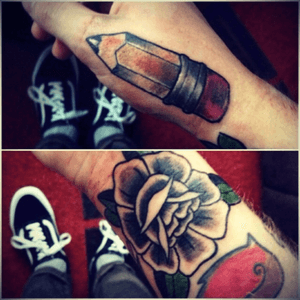 Pencil on the right thumb, Black Rose on the right wrist both done by Justin Turnbull of 72 Tattoo in Manchester, UK. (ig: jbombtattoo72)