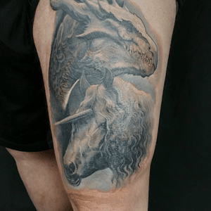 Dragon & Unicorn , tattoo designed and done by Haylo Jugler of Lucky Bamboo Tattoo , Layton , Ut .
