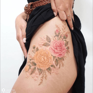 Rose, peony and baby's breath by Arotattoo from Korea (via instg @tattooist_silo) #flowers #rose  #peonies #watercolor #hip #color #noline #arotattoo #tattooistsilo