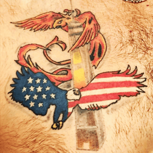 I had the original Twin Towers done, then I had the originally planned Freedom Tower, so I waited until the new Freedom Tower was standing. This custom piece was done by Justin Burkhardt @undertheskintattooing on FB. #patriotic #eagle #freedomtower #phoenix 