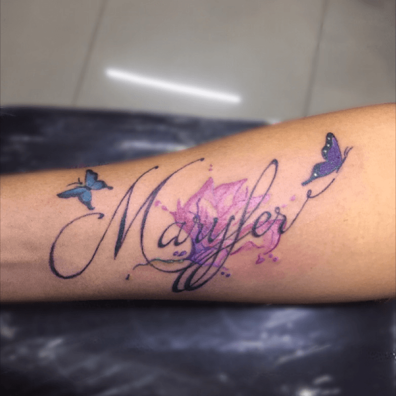 Tattoo uploaded by Danny Reynolds • #name #letters #Butterflies #watercolor  #tattoo #forearm • Tattoodo