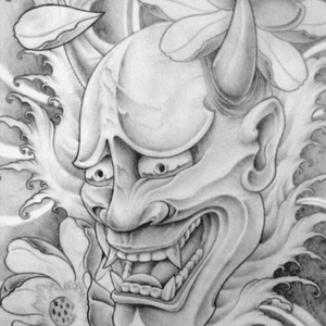#meghandreamtattoo Hi Meghan!  I would love this hannya mask (with color, not just b&g) to wrap the inside of my upper left arm.  This will be a protector for my koi family potrait on the outside of that arm!  