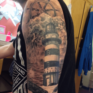 Better photos incoming as this was a day or two after the last session so very red. Love this. Art by Chile at Vividink Stafford #lighthouse #sea #lightning #blackandgrey 