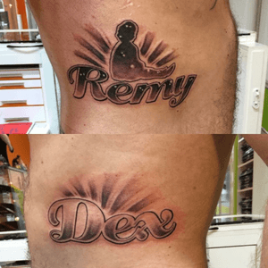 Names of my sons; Dex, in light font, and Remy in a dark font with his silhouette, since he passed away at 3. #blackandgrey #owndesign #dutch 