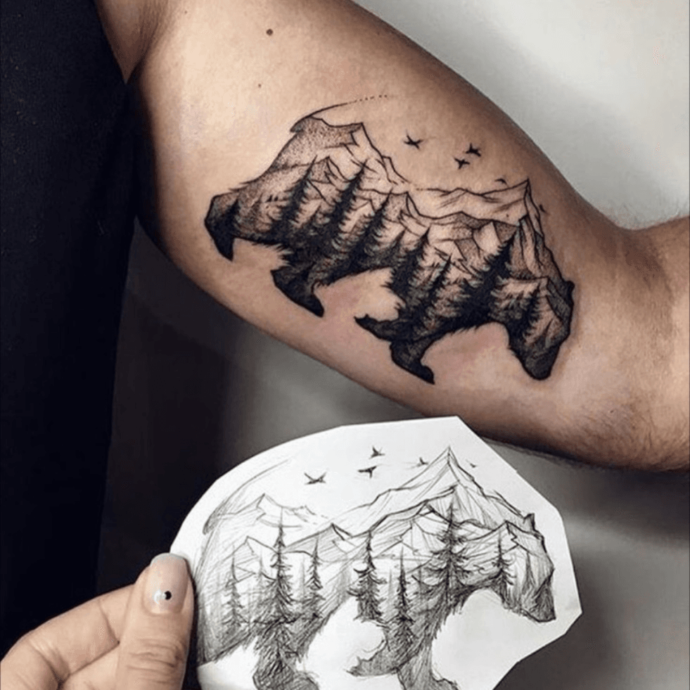 Bear mountain tattoo uploaded by amber case on We Heart It  Geometric mountain  tattoo Mountain tattoo Nature tattoos