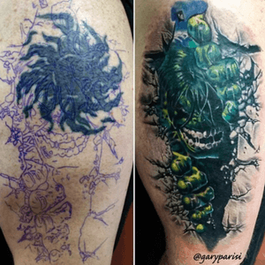 Amazing cover up by #GaryParisi of #maydaytattooco #hulk #coverup #color #leg 
